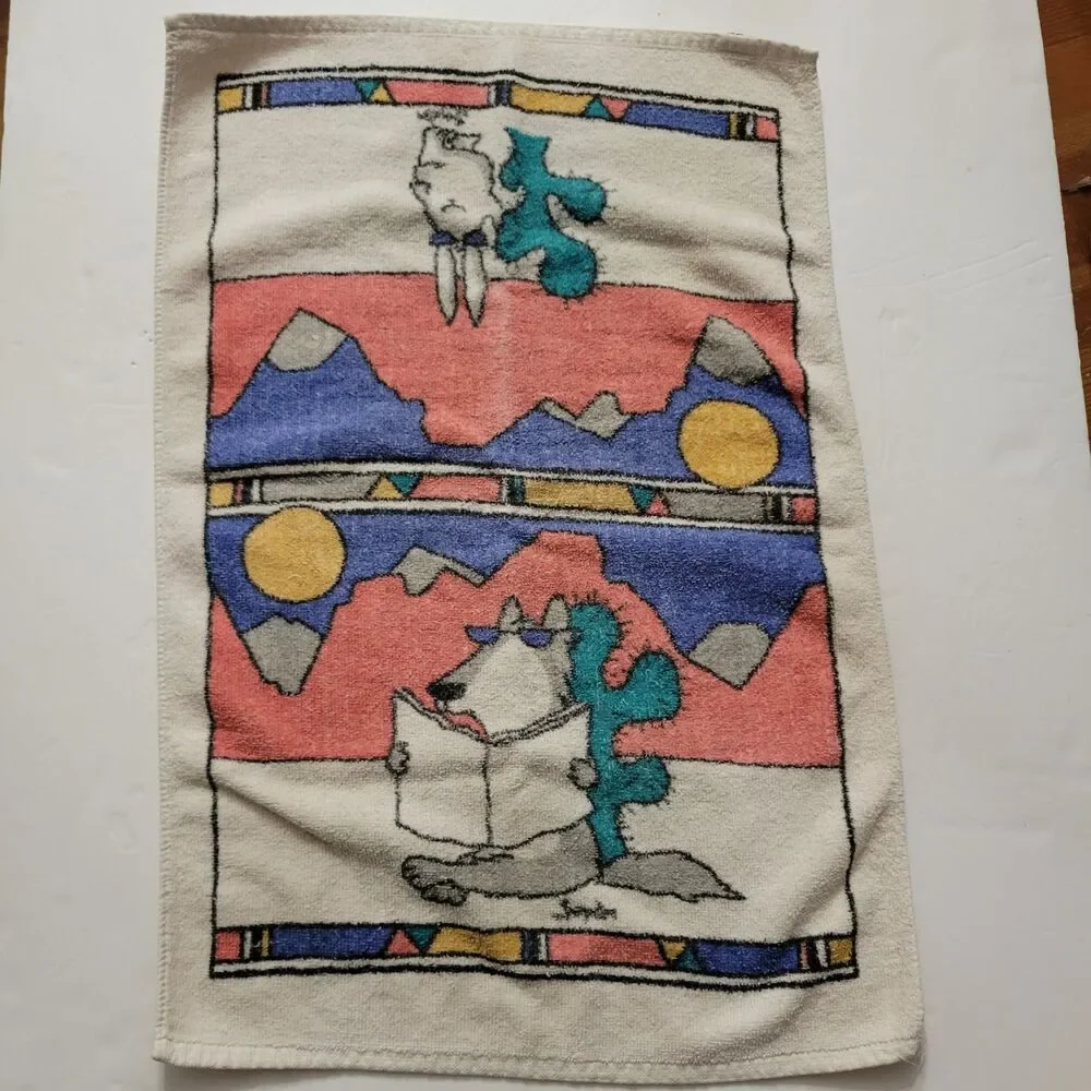Vintage Sandra Boynton CECIL SAYDAH Santa Fe Hand Towel Coyote Wolf Rabbit 80s